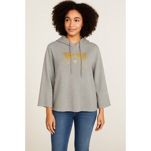 Karl Lagerfeld Paris‎ Gray Hoodie Gold Glitter Cat Graphic Bell Sleeve